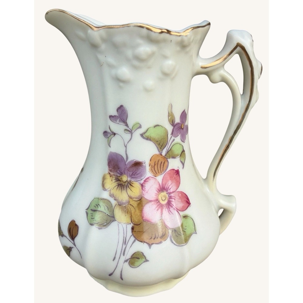 Vintage Sevres Style Creamer Opalescent Porcelain Floral Butterfly Pitcher 4"